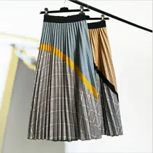 Qooth Весна новое поступление Европейский Цвет Соответствующие клетчатая юбка в складку высокий уличный стиль до середины икры ампир полосатый женские юбки qh2069