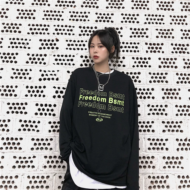 Harajuku уличная женская футболка Осень корейский стиль Ulzzang Винтажная футболка с длинными рукавами с буквами Женская белая футболка Топ