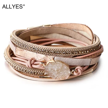 ALLYES Multilayer Genuine Leather Bracelets for Women Fashion Boho Resin Charm Rhinestone Chain Wrap Bracelet Femme Jewelry