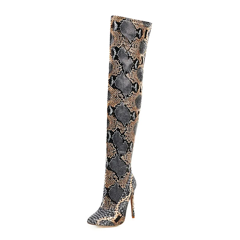 Coolcept Plus Size 30-48 New Arrival Thin Heels Snakeskin Pattern Long Boots Sexy Woman Fashion Over The Knee Boots Footwear - Цвет: Цвет: желтый