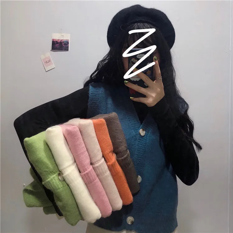 Autumn Women Solid Color Sweater Cardigan Vest Loose Wearing A Small Korean New Knitted Cardigan Single-breasted Women Vest