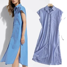 

Elmsk 2021 Summer England Style Fashion Dress Women Vinatge Blue Striped Loose Casual Party Plus SizeDress Women Vestidos