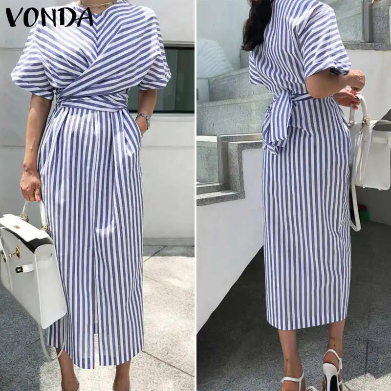 VONDA Elegant Striped Dress Women Casual O Neck Short Sleeve Mid-Calf Dresses Bohemian Beach Sundress Plus Size Loose Vestidos VONDA Elegant Striped Dress Women Casual O Neck Short Sleeve Mid-Calf Dresses Bohemian Beach Sundress Plus Size Loose Vestidos