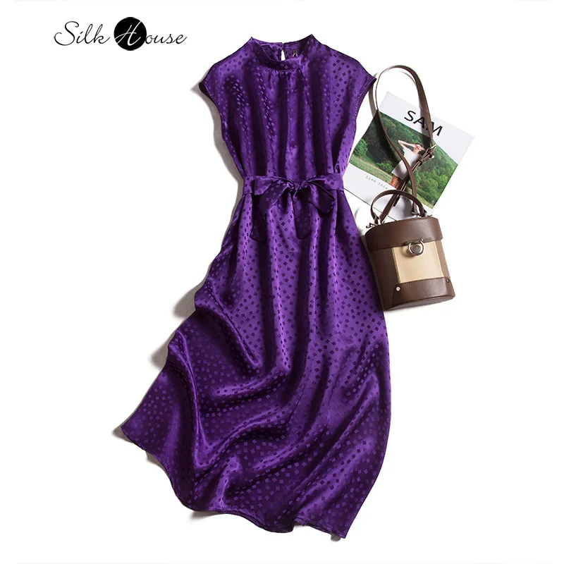 Elegant Purple Jacquard Satin Collar Waistband Mid