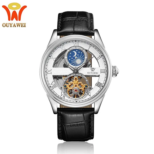 Silver OUYAWEI механические часы, мужские автоматические часы с турбийоном, водонепроницаемые Роскошные наручные часы от ведущего бренда Moon Phase - Цвет: Silver