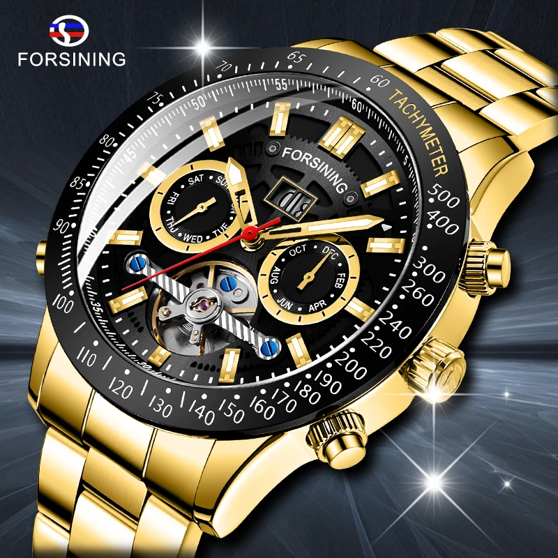 

FORSINING Tourbillion Fashion Black Golden Clock Multi Function Display Mens Automatic Mechanical Watches Relogio Masculino