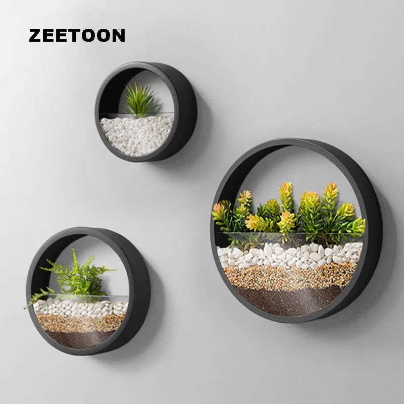 

Nordic Creative Wall Decor Vase Black Iron Art Round Glass Wall Planter Succulent Plant Pots Hanging Flower Pot Decoration Vases