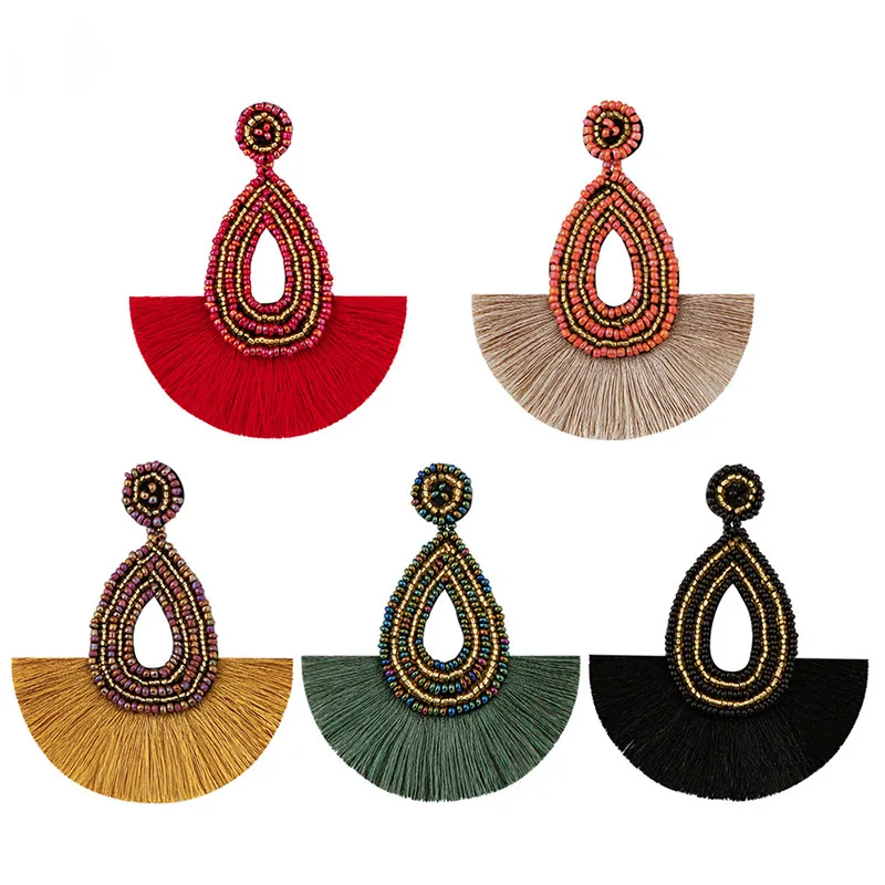 

Bohemia Style Fan-shape Cotton Fringe Drop Earrings Teardrop Multicolored Beads Ethnic Drop Earrings For Woman Fashion Jewelry