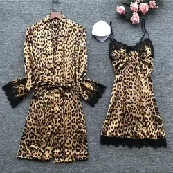 Специальный Женский вечерний комплект с платьем, женская одежда для сна, сексуальное атласное кружевное леопардовое ночное белье