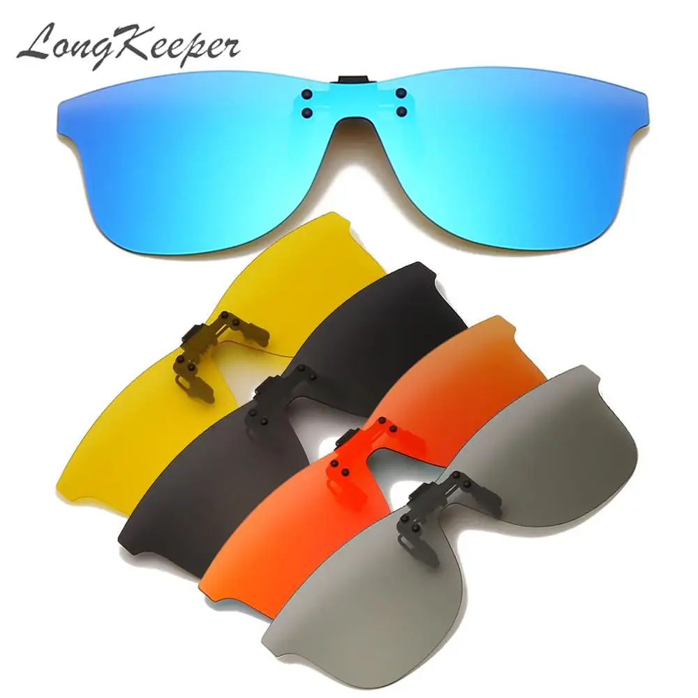 LongKeeper 2021 Rimless Square Polarized Clip on Sunglasses Men Driving Blue Grey Night Vision Flip Up Mirror Lenses Women | Аксессуары