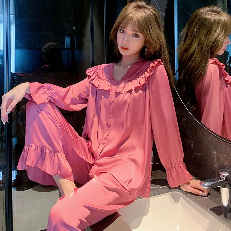 

Pink 2PCS Pajamas Suit Women Home Clothing Intimate Lingerie Casual V-Neck Flare Sleeve Spring New Sleep Set Homewear Pyjamas