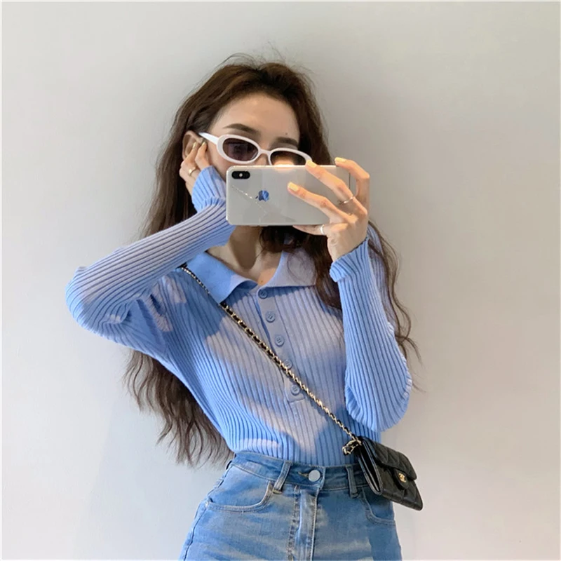 XIBUSANA 2020 Autumn Turn-down Collar Single Breasted Solid Slim Sweaters Women Pit Article Knitted Casual Pullovers Tops Female