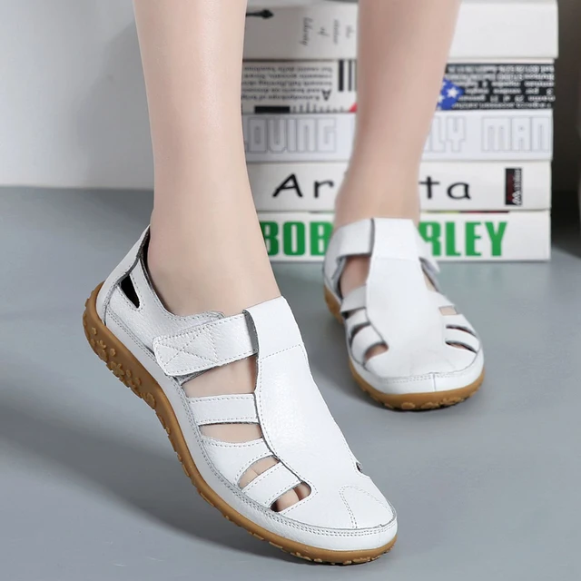 Sandales de gladiateur en croûte de cuir pour femmes, chaussures d'été, plates, ajourées, décontractées, à fond souple, de plage 1