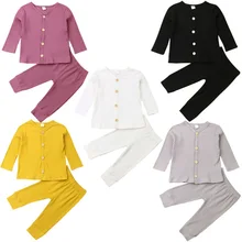 Прямая поставка; Осенняя повседневная одежда для новорожденных; кардиган для маленьких девочек и мальчиков; топы с длинными рукавами; однобортные длинные штаны; комплект одежды; Однотонный комплект