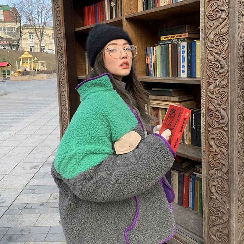 Уличная одежда, пальто из овечьей шерсти, Лоскутная Женская куртка, большие размеры, куртки с длинным рукавом, зимние теплые хлопковые куртки, женская верхняя одежда