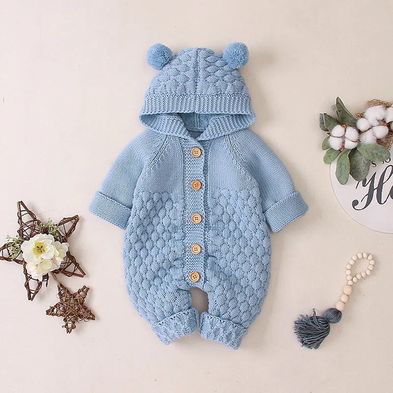 С длинным рукавом трикотажные свитера малыш новорожденный младенец девочка повседневный зимний свитер Одежда для маленьких мальчиков сплошной медведь уха с капюшоном комбинезон - Цвет: Небесно-голубой