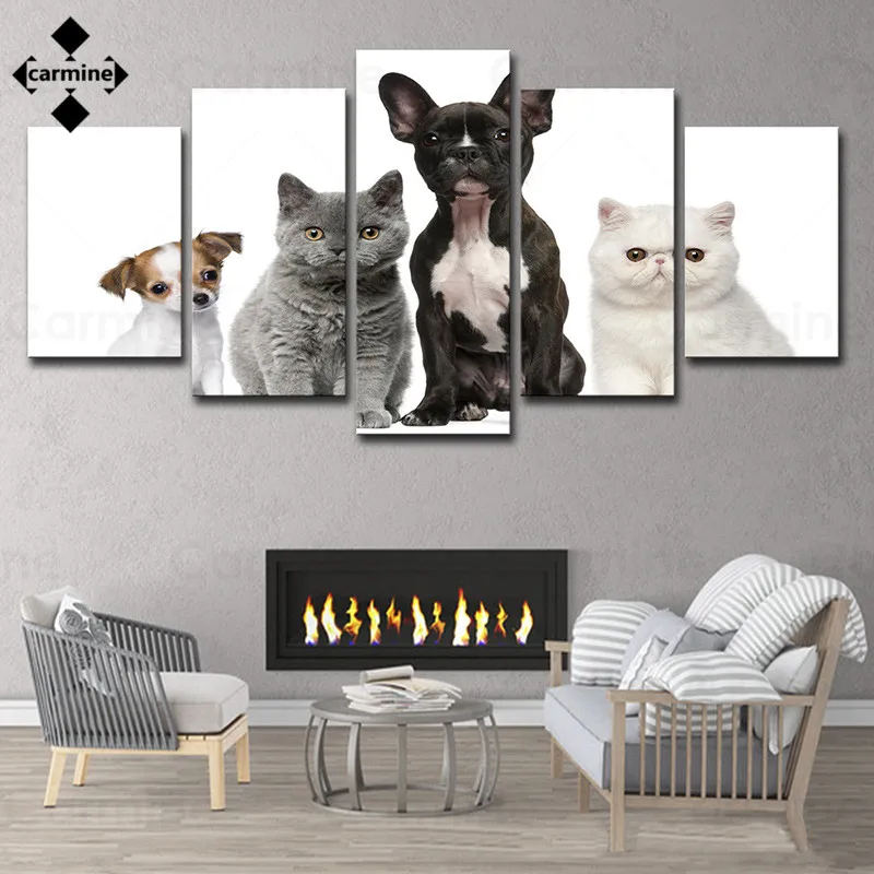 

Cute Animals Cat Dog Painting 5 Pieces Hd Pictures Wall Canvas Painting Morden Realistic Wall Art Picture for Living Room Decor