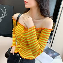 

Fashion Women Autumn Winter Stripes Print Long Sleeves Sweet Girl One Word Collar Slim Bottom Knit Four Colors Sweater Newest