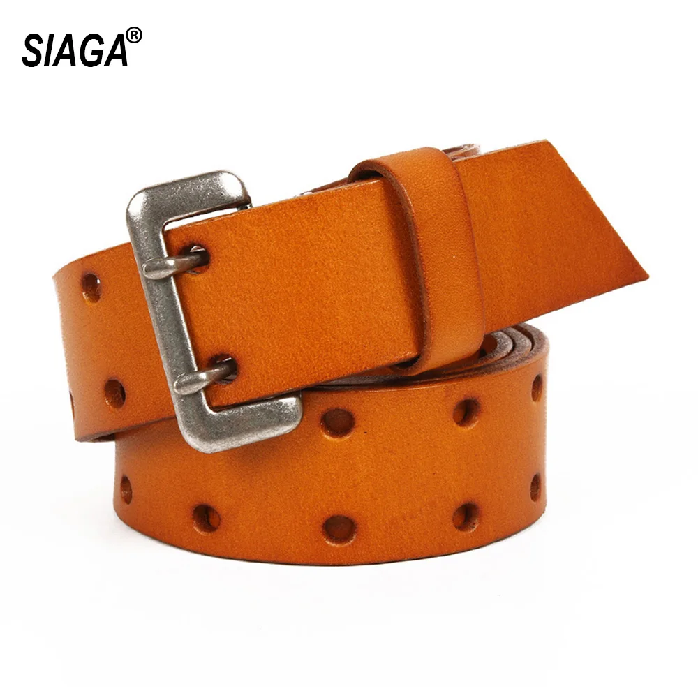 Unisex Personalized Retro Pin Buckle Solid Cowhide Leather Belts for Women Double Pin Holes Accessories 3.8cm Width SA014