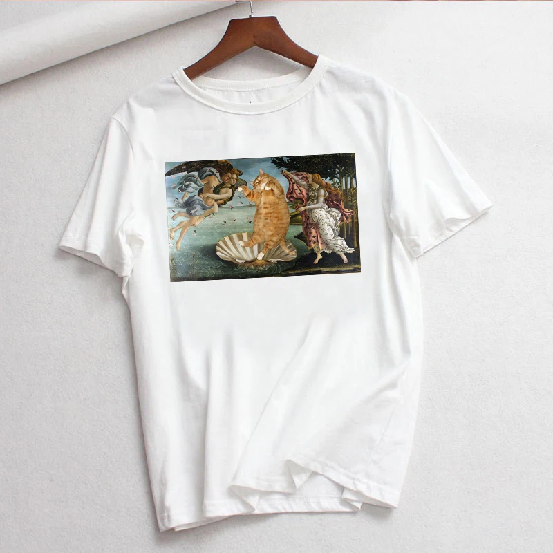 Fat cat/Летние повседневные топы с принтом Ван Гога, футболки с короткими рукавами, Женские винтажные Новые забавные свободные футболки Harajuku