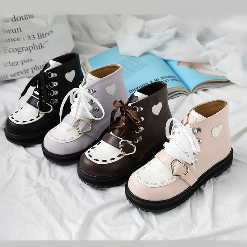 

Sweet Lolita Girl's Heart Buckle Strap Lace-up Leather Ankle Boots