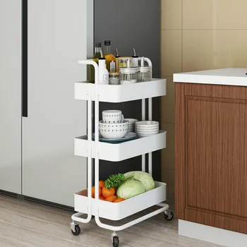 

3-Tier Rolling Utility Cart Storage Shelves Multifunction Trolley Cart with Mesh Basket Handles and Wheels for Bathroom Kitchen