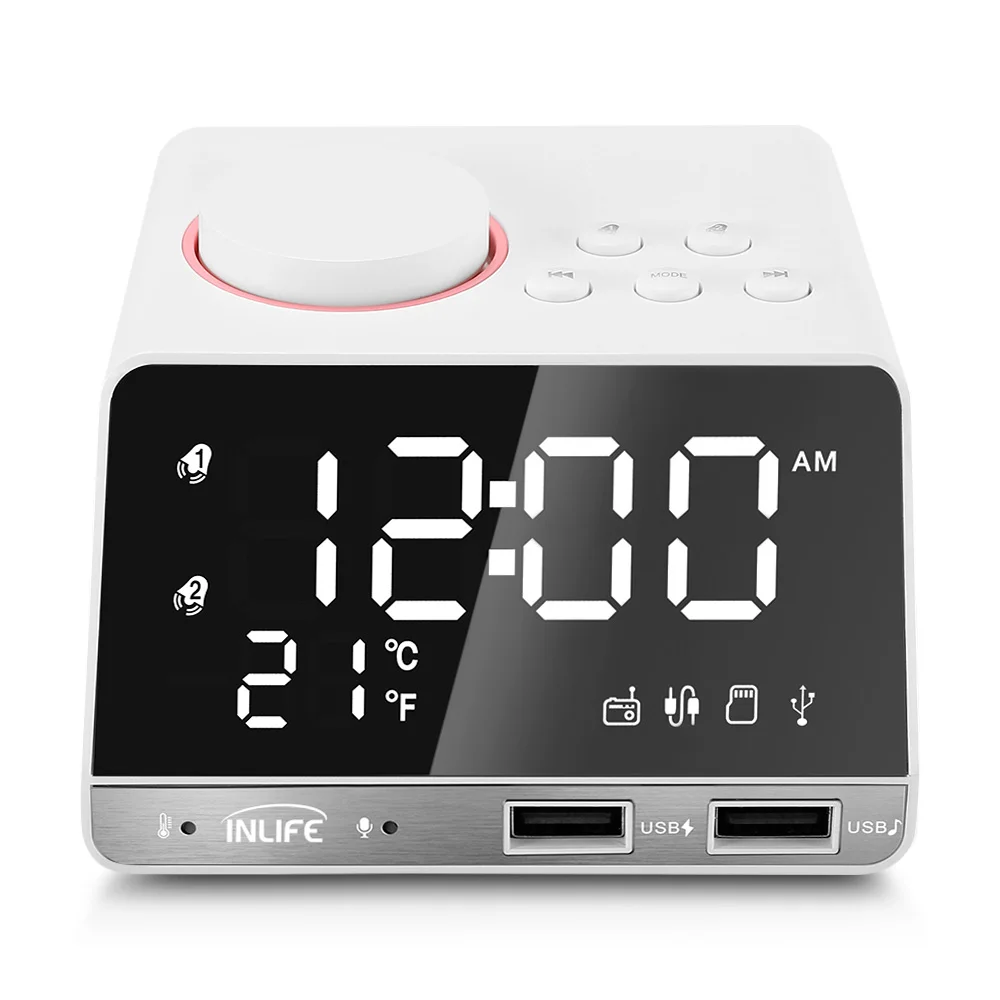 Bluetooth 4,2 радио будильник динамик с 2 usb-портами светодиодный цифровой будильник домашний Decration Повтор двойной Настольный будильник - Цвет: US Plug White