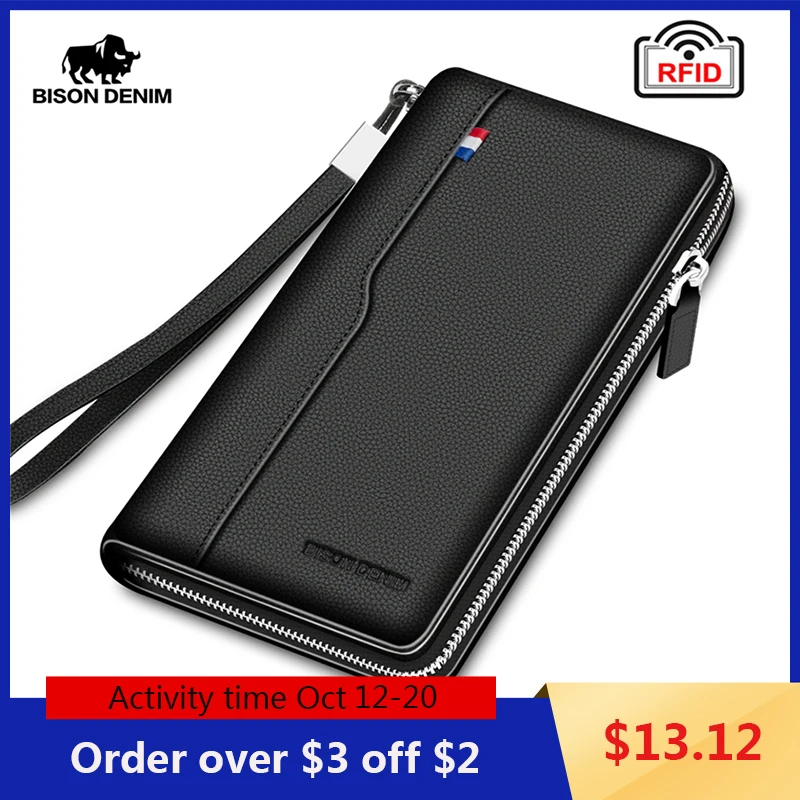 

BISON DENIM Genuine leather Wallet Men RFID Blocking Long Purse Coin Pocket Passport Bag For Men Card Holder Wallet W8226