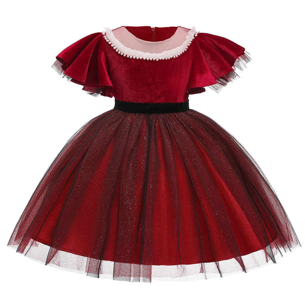 Красное платье на год и свадьбу для девочек милое рождественское платье с бисером Детские платья с оборками для девочек бархатное платье с блестками для дня рождения L5153