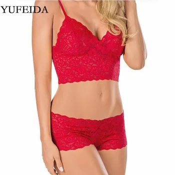

2PCS Plus Size M-4XL Women Sexy Lingerie Costumes Lace Floral Sexy Underwear Erotic Pajamas Babydoll Sleepwear Bra+Briefs Set