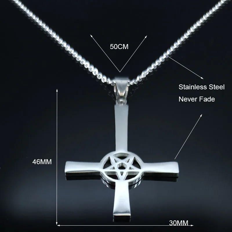 Inverted Cross Occult Pentagram Stainless Steel Chain Necklace Women Satanic Gothic Satan Necklace Jewelry colgante N642S03