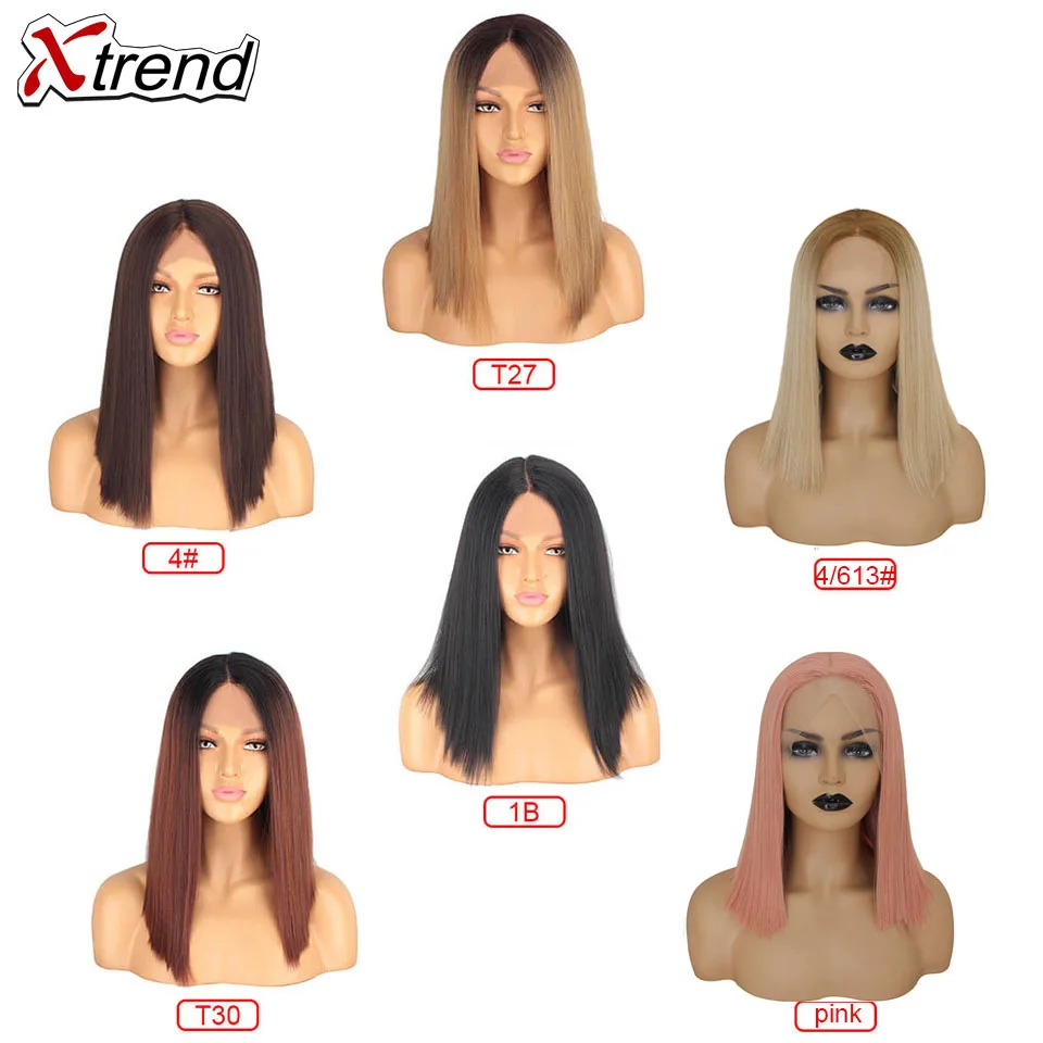 Xtrend прямой синтетический парик на кружеве средняя часть черный блонд цвет 14 дюймов боб парики для черных женщин Омбре парик