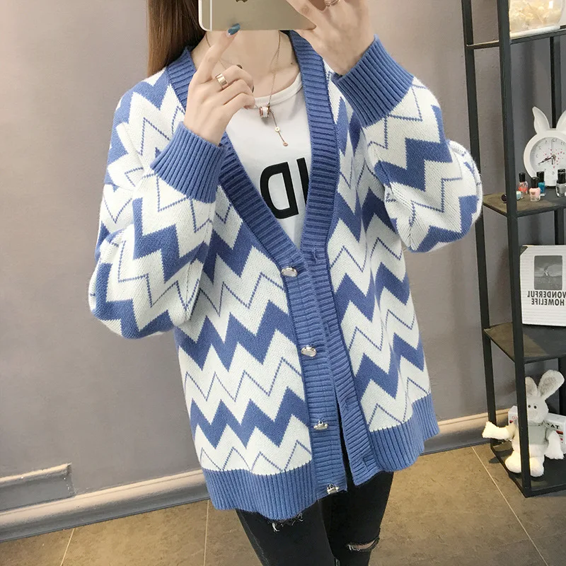 blue cardigan Neploe женские кардиганы винтажные геометрические женские весна-осень, кардиган Мода Корейская мода вязаная верхняя одежда свитера - Цвет: blue cardigan