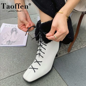 

TAOFFEN Genuine Leather Women Ankle Boots Fashion High Heel Winter Shoes Woman Short Boots Warm Office Lady Footwear Size 34-40