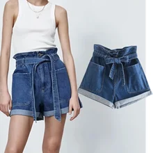 

Maxdutti Vintage Washed Mom England High Waist Pockets Loose Shorts Women Sashes Casual Short Feminino Denim Bermuda Women Short