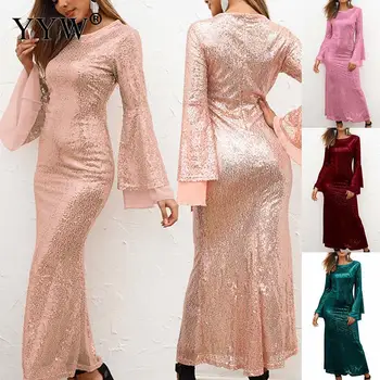 

Women Sequined Dress Long Flare Sleeve Luxury Evening Dresses Plus Size Sexy Robe De Sioree Ladies Elegant Long Party Vestidos