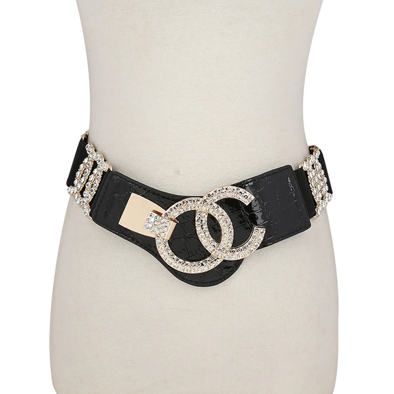 Fashion Rhinestone Crystal Belts for Women Wide Elastic Waist Belt Stretch Dress Belt Waistband Cinturon Mujer