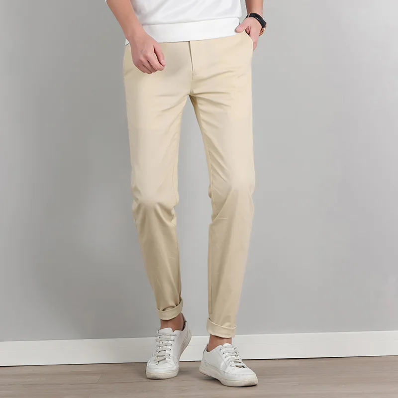 Новые мужские повседневные брюки, модные деловые облегающие однотонные мужские брюки, мужские Стрейчевые брюки прямого кроя, классные мужские брюки - Цвет: Khaki