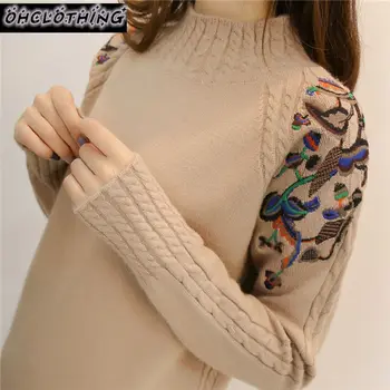 

2020 female half turtleneck sweater female sleeve head embroidery twist loose all-match long sleeved bottoming sweaters
