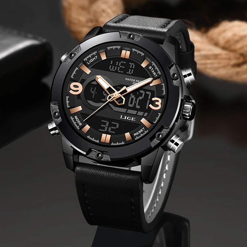 

2019 Relogio Masculino LIGE Mens Watches Luxury Brand Sport Watch Men LED Digital Waterproof Leather Quartz Watch Man Clock +Box