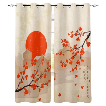 

Spring Retro Flower Cherry River Sun Window Curtains LivingRoom Kitchen Curtains Left and Right Biparting Open