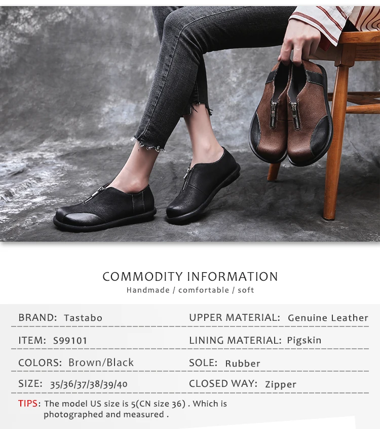 Tastabo на молнии; обувь на плоской подошве в повседневном стиле повседневная обувь для вождения S99101 чёрный; коричневый ручной работы женская обувь износостойкие; большие размеры 35-40