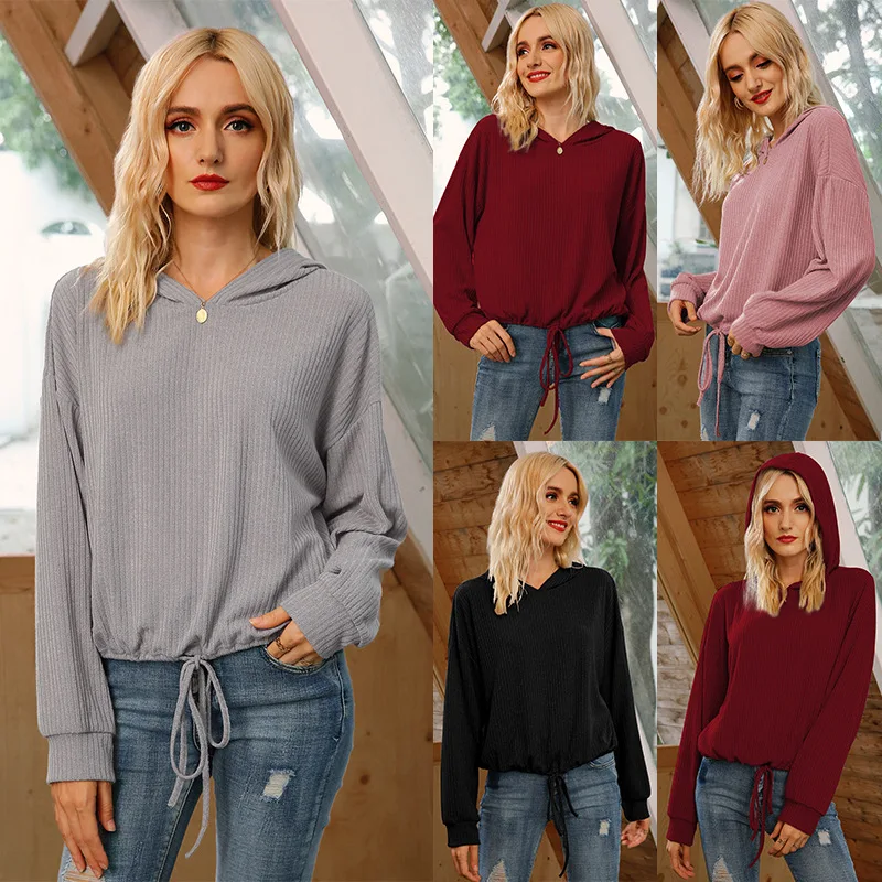 

Fall 2020 New Long-sleeved Solid Color Hooded Knitted Spiral Hoodie Top Short Drawstring Fashion Casual Temperament Pullover