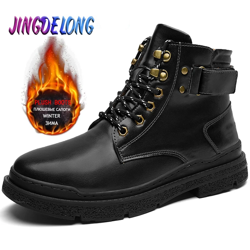 Winter Mens Boots Real Leather Motorcycle Boots Work Boots Waterproof Men Warm Fur Snow Boots Designer Luxury Outdoor Brand