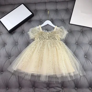 

European and American children's wear 2020 summer new style Short sleeve heavy industry sequined gauze baby Girl's dress