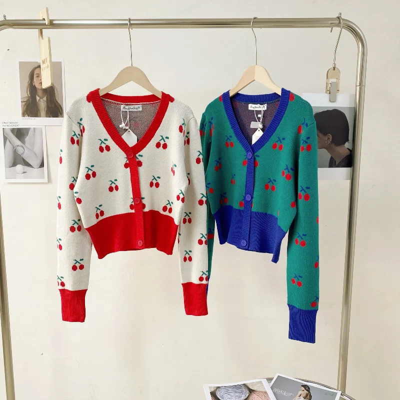 Oversized Cardigan Woman Knitted Sweater Cherry Print Colorblock Top Korean Fashion Cardigans Women Long Sleeve Tops |