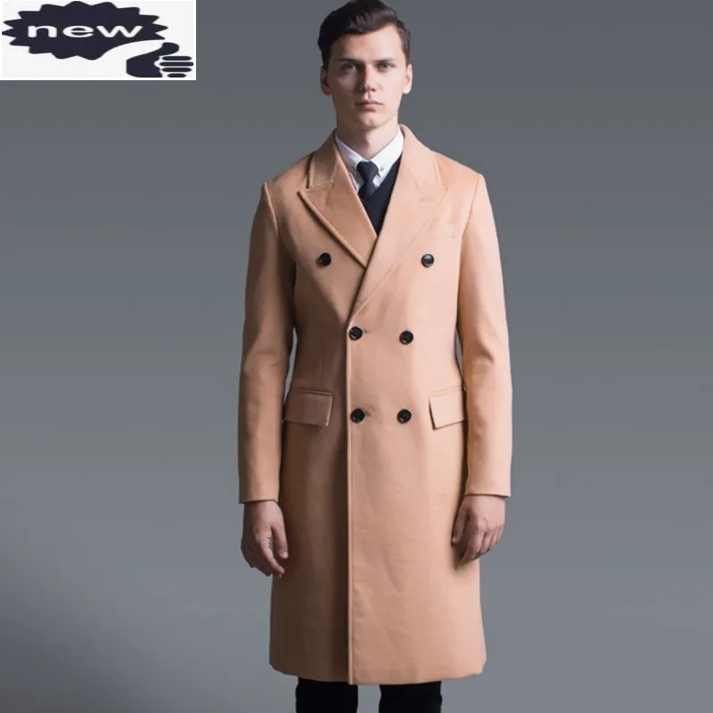 

Business Man Winter Wool Blends Casaco Masculino Woolen Outwear Overcoat Mens Long Coat Pockets Double Breasted Military Trench