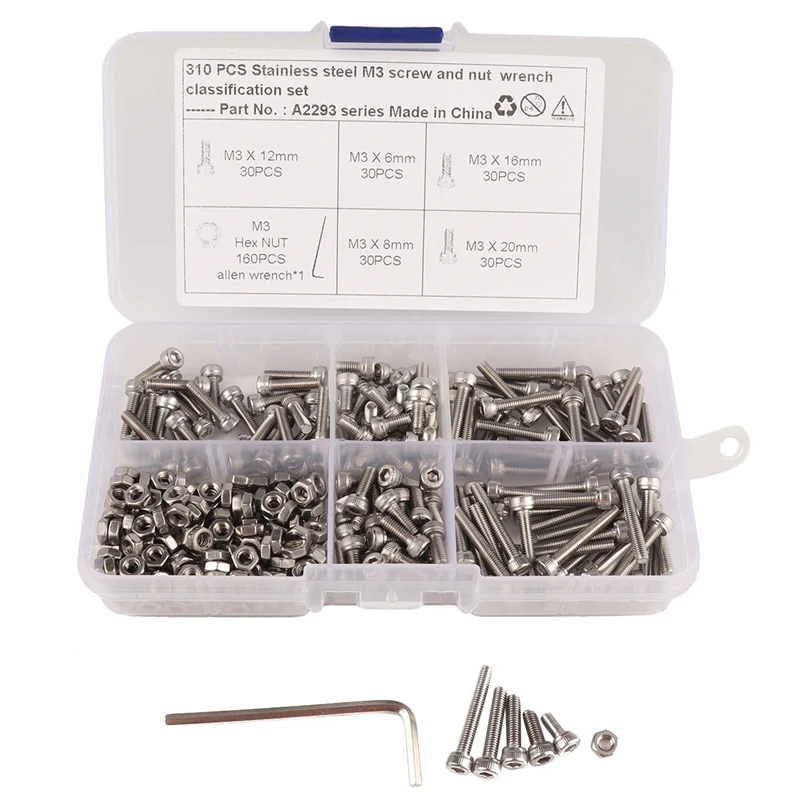 310 Pcs M3 Stainless Steel Hex Socket Head Cap Screws Nuts Assortment Kit With Wrench With Assortment Tool Box