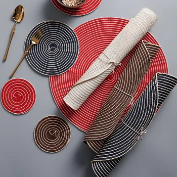 

Nordic Round Table Mat Anti Slip Drink Coasters Insulated Solid Placemats Linen Non Slip Ramie Mat Home Decor Kitchen Accessries