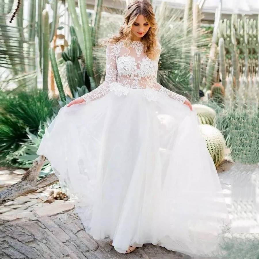 Сексуальные прозрачные кружевные свадебные платья Vestido De Noiva с длинным рукавом, вырез лодочкой, открытая спина, свадебные платья для невесты, Robe De Mariee